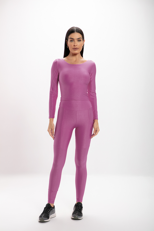 Cropped Rosa Perséfone Glossy Manga Longa