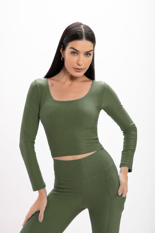 Cropped Verde Hera Glossy Manga Longa
