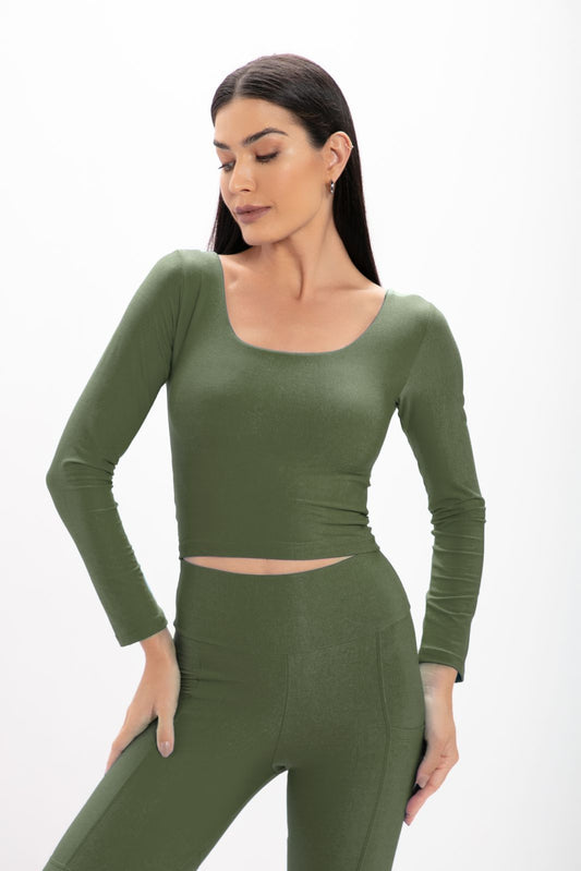 Cropped Verde Hera Glossy Manga Longa