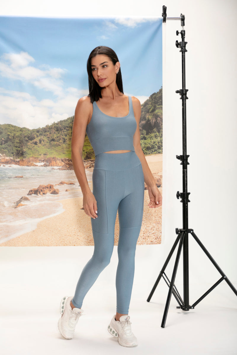 Calça Legging Alta Wind Blue Glossy